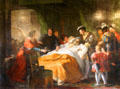 Death of Leonardo da Vinci in the Arms of François I painting by François-Guillaume Ménageot in King's bedchamber in Royal Lodge at Chateau Royal of Amboise. Amboise, France.