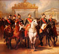 Louis-Philippe leaving Versailles accompanied by his sons painting by Horace Vernet in Orléans bedroom in Royal Lodge at Chateau Royal of Amboise. Amboise, France.