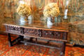 Carved table in bedroom of five queens at Chenonceau Chateau. Chenonceau, France.