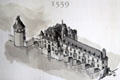 Drawing of bridge galleries that Catherine de Medicis had built after she forced out Diane at Chenonceau Chateau. Chenonceau, France.