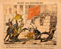 Cartoon satirizing entry of Henri V seated backward on a donkey into a resistant Paris by F. Mathis at Chambord Chateau. Chambord, France.