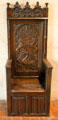 Renaissance high-backed chair carved with unicorns & heron swallowing eel in Catherine de Medici bedroom at Chaumont-Sur-Loire. France.