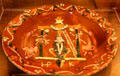 Ceramic votive dish with Crucifixion with instruments of Passion marked HP K in King's room at Chaumont-Sur-Loire. France.