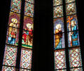 Stained glass windows in chapel of St Helena showing story of St Evortius receiving piece of Holy Cross at Orleans Cathedral. France.