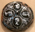 Enameled copper cover for cup by workshop of Pierre Raeymond of Limoges at Papal Palace. Avignon, France.