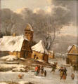 Winter countryside with village, frozen canal & figures painting by Thomas Heeremans of Haarlem at Calvet Museum. Avignon, France.