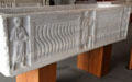 Carved Christ & Apostles on s-shaped strigil pattern on marble sarcophagus at Arles Antiquities Museum. Arles, France.