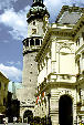 City Hall & Firetower which is symbol of Sopron Roman Foundation, has 14th C square base with Renaissance style Onion dome. Hungary.