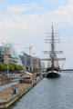 Jeanie Johnstone Tall Ship on River Liffey is replica of famine ship built in Canada which took emigrants to North America. Dublin, Ireland.