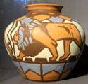 Earthenware bulbous vase with three lions made by Villeroy & Boch at Septfontaines-lez-Luxembourg at National Museum of History & Art. Luxembourg, Luxembourg.