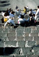 Climbing up Pyramid of Moon at Teotihuacán. Mexico.