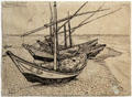 Fishing boats on beach at Les Saintes-Maries-de-la-Mer drawing by Vincent van Gogh at Van Gogh Museum. Amsterdam, NL.