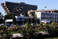 Modern inverted pyramid building on Rue Mid'hat Bacha behind tourism office. Tunis, Tunisia.