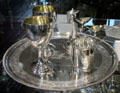 Silver salver by W&P Cunningham of Edinburgh plus other silver vessels at Museum of Edinburgh. Edinburgh, Scotland.