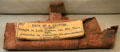 Tanned catfish skin caught in Leith harbor with label at People's Story Museum. Edinburgh, Scotland.