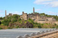 Monuments of Calton Hill over glass skylights of Waverly rail station. Edinburgh, Scotland