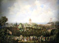 Burns monument with 1844 Festival Procession where 100,000 attended painting at Robert Burns Birthplace Museum. Alloway, Scotland.