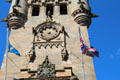 Carvings on facade of Dunfermline City Chambers clock tower. Dunfermline, Scotland.