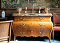 Chest of drawers with ornate hardware & multi-color marble top in dining room at Lauriston Castle. Edinburgh, Scotland.