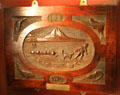 Carving of dogsled & wildlife made on Antarctic expedition at RRS Discovery Museum. Dundee, Scotland.