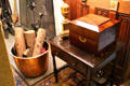 Drawing room side table with wooden box at Falkland Palace. Falkland, Scotland.