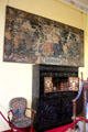 Embroidered wall hanging of Justice & Mercy commissioned by Mary Queen of Scots in the Lennox room at Scone Palace. Perth, Scotland.