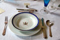 Chinese porcelain armorial soup bowl with arms of James Duff in dining room place setting at Duff House. Banff, Scotland.