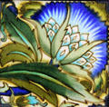 Floral hand-painted tile by William De Morgan at Jackfield Tile Museum. Ironbridge, England.