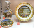 Ironstone pot lid, vase & plate color printed with Crystal Palace images for Great Exhibition made by F&R Pratt of Fenton, Staffordshire at Potteries Museum & Art Gallery. Hanley, Stoke-on-Trent, England.