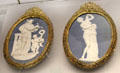 Wedgwood blue jasper medallions with neo-classical themes by several artists in ormolu frames by Matthew Boulton at World of Wedgwood. Barlaston, Stoke, England.