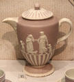 Wedgwood lilac jasper coffee pot depicting Friendship consoling Affliction by William Hackwood after design by Lady Templetown at World of Wedgwood. Barlaston, Stoke, England.