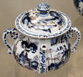 Tin-glazed earthenware posset pot in Chinese style from Southwark, London at British Museum. London, United Kingdom.