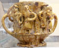Lead-glazed earthenware posset pot with two spouts prob made in Barnstaple, North Devon perhaps as betrothal gift at British Museum. London, United Kingdom.