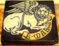 Earthenware encaustic tiles with winged lion symbol of Evangelist St Mark by Minton & Co at British Museum. London, United Kingdom.