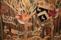 Detail of embroidered wall hanging by Morris & Co with needlework by client at Morris Gallery. London, United Kingdom.