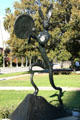 Sculpture The Drummer of stylized rabbit by Barry Flanagan in Beverly Gardens Park on Santa Monica Blvd. Beverly Hills, CA.