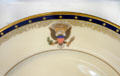 Border detail of Franklin Roosevelt presidential porcelain by Lenox China, Trenton, NJ, with roses & feathers of Roosevelt family crest at Nixon Library. Yorba Linda, CA.
