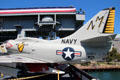 Tail of Douglas A-4 Skyhawk jet carrier-based attack bomber at Midway aircraft carrier museum. San Diego, CA.
