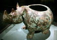 Bronze ritual wine vessel in form of rhinoceros from China at Asian Art Museum. San Francisco, CA.