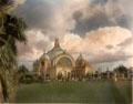 Hand-colored print shows Festival Hall of Panama-Pacific International Exposition in private collection. San Francisco, CA.