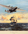 Graphic of Pan Am Clipper over a clipper ship at Alameda Naval Air Museum. Alameda, CA.