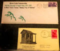Envelope commemorating Centennial of Angels Camp & Jumping Frog of Calaveras with stamp commemorating California Gold Centennial & envelope commemorating the historic Mountain Ranch Post office in Calaveras County at Calaveras County Downtown Museum. San Andreas, CA.