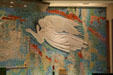 Detail of Archangel Gabriel of annunciation by Lumen Martin Winter on reredos of lower Catholic chapel of USAF Academy Chapel. Colorado Springs, CO.