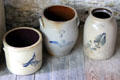 Stoneware jars with cobalt blue birds at Judson House. Stratford, CT.