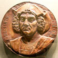 Christophe Colomb copper plaque after original by Dutch engraver Theodore de Bry at Knights of Columbus Museum. New Haven, CT.