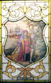 Stained glass window with landing of Columbus at Knights of Columbus Museum. New Haven, CT.