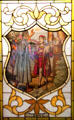 Stained glass window with Columbus being greeted by Indians at Knights of Columbus Museum. New Haven, CT.