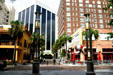 Black & white Wachovia Building & old buildings off downtown square at Central Blvd. & Magnolia Ave. Orlando, FL.