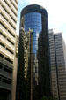 Round black glass tower addition to Hyatt Regency Atlanta. Atlanta, GA.