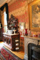 Dining room wallpaper, sideboard & fireplace at Dodge House. Council Bluffs, IA.